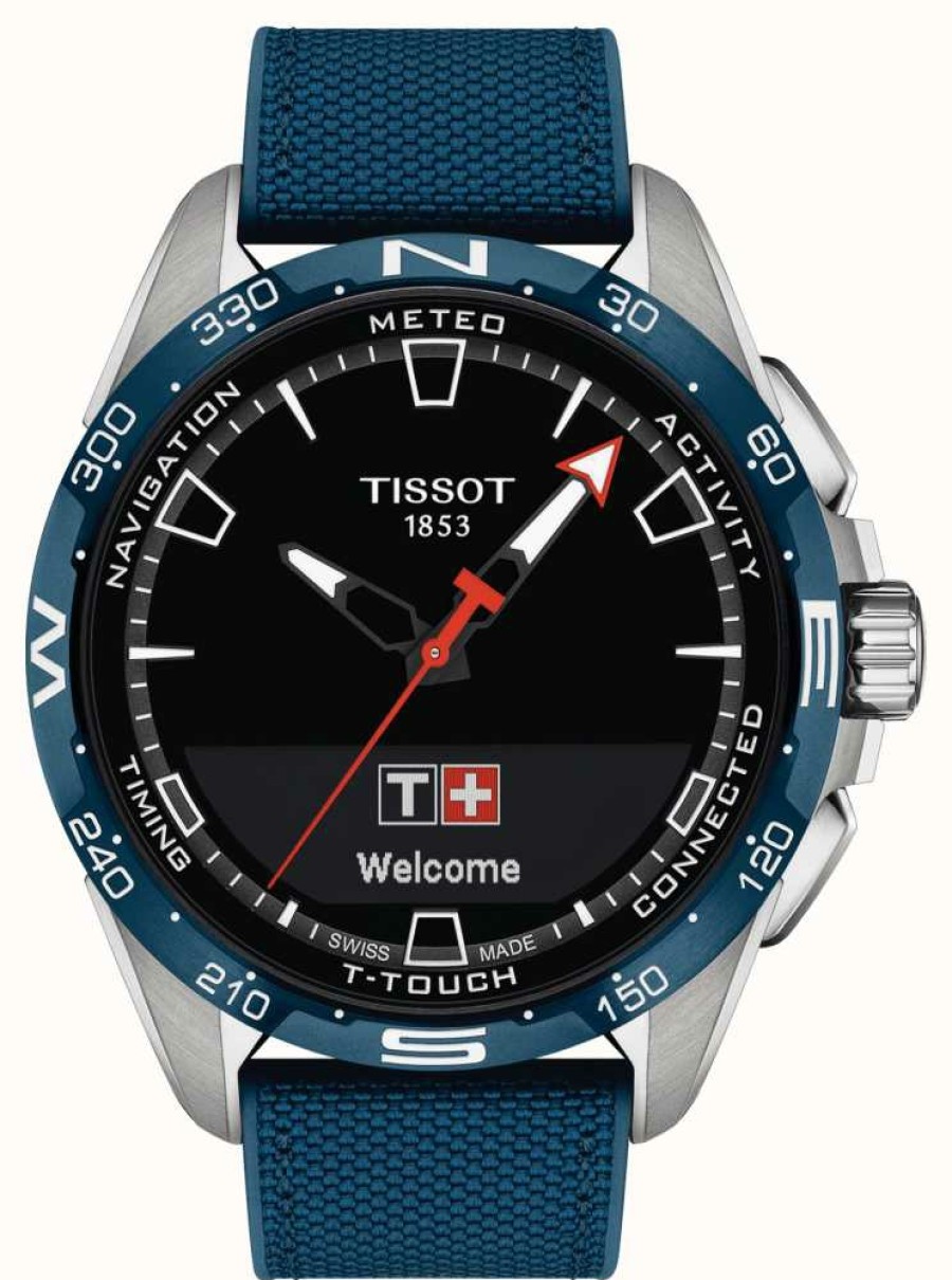 Men'S Tissot | Tissot T-Touch Connect Solar Titanium (47.5Mm) Black Dial / Blue Synthetic Grained Cowhide Strap