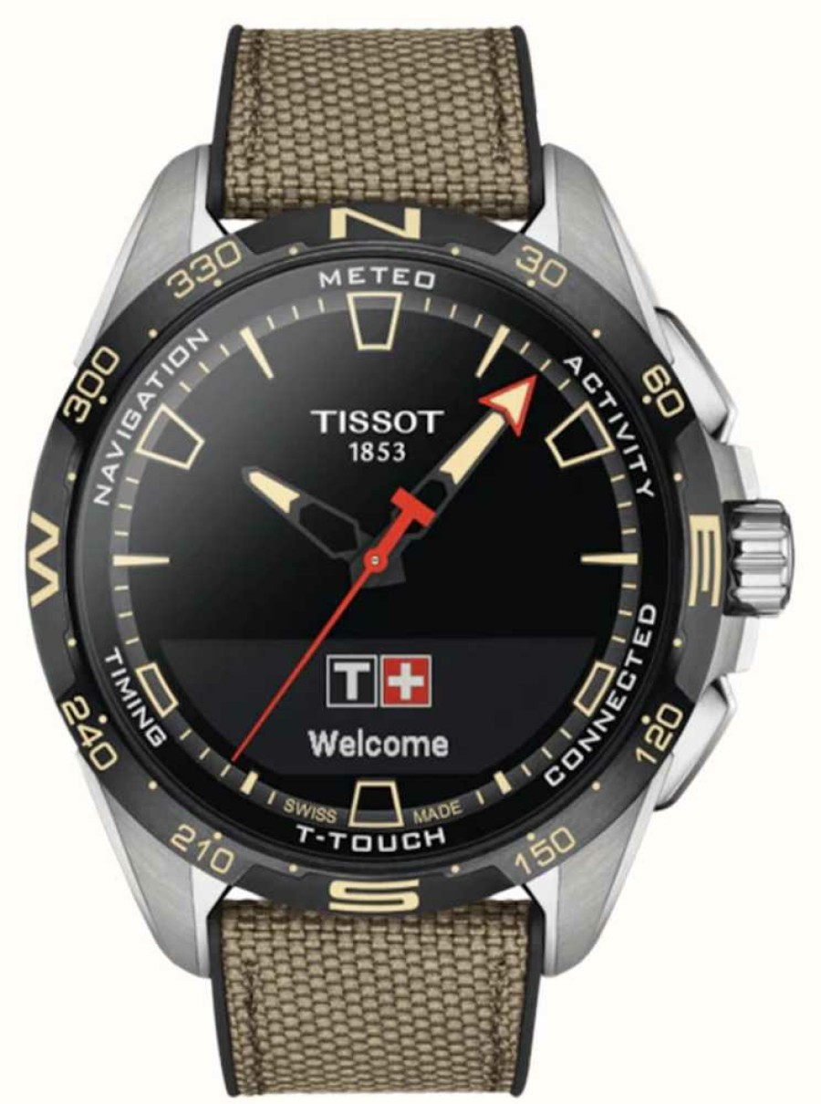 Men'S Tissot | Tissot T-Touch Connect Solar Titanium (47.5Mm) Black Dial / Beige Synthetic Grained Cowhide Strap