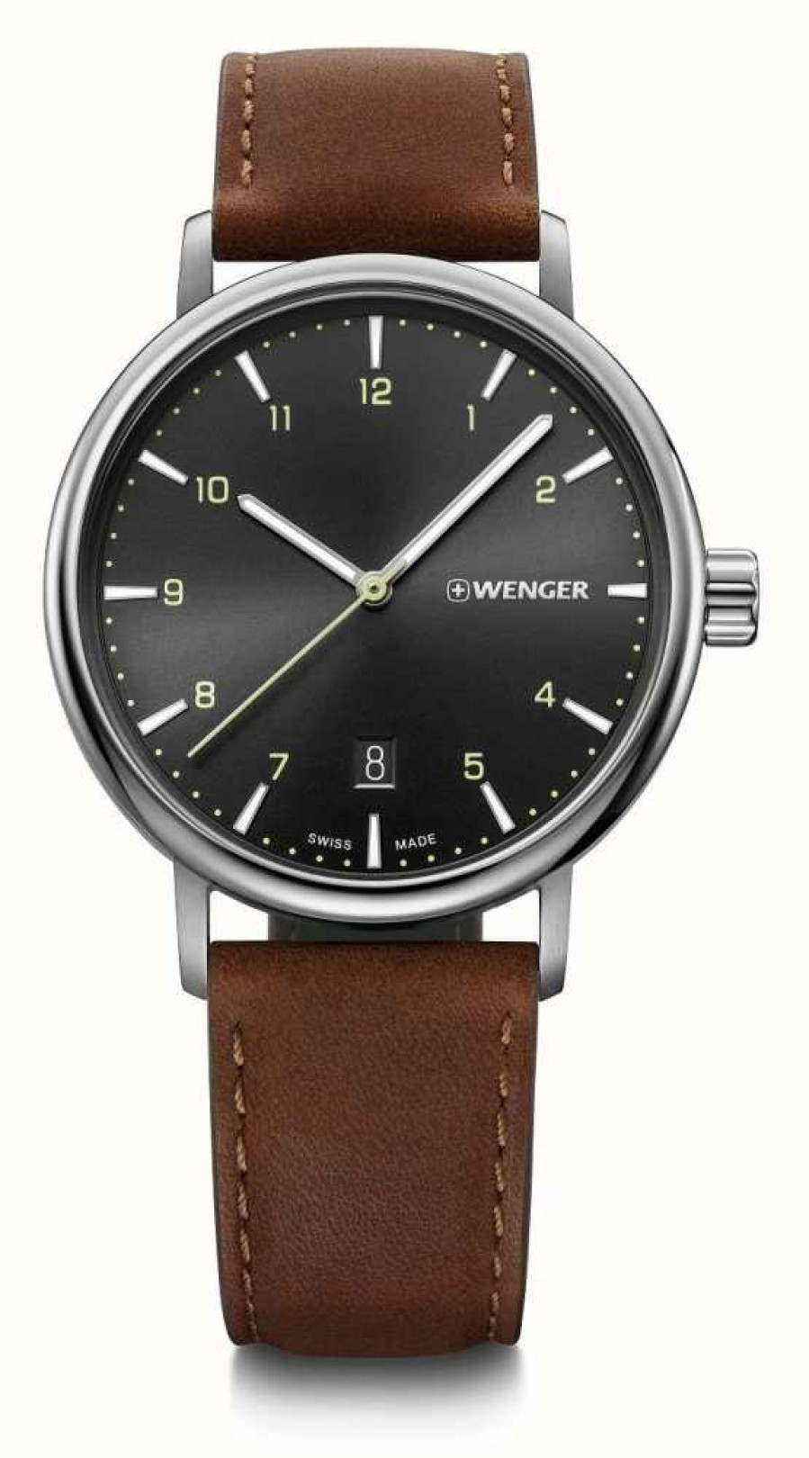 Men'S Wenger | Wenger Urban Classic Black Sunray Dial Brown Leather