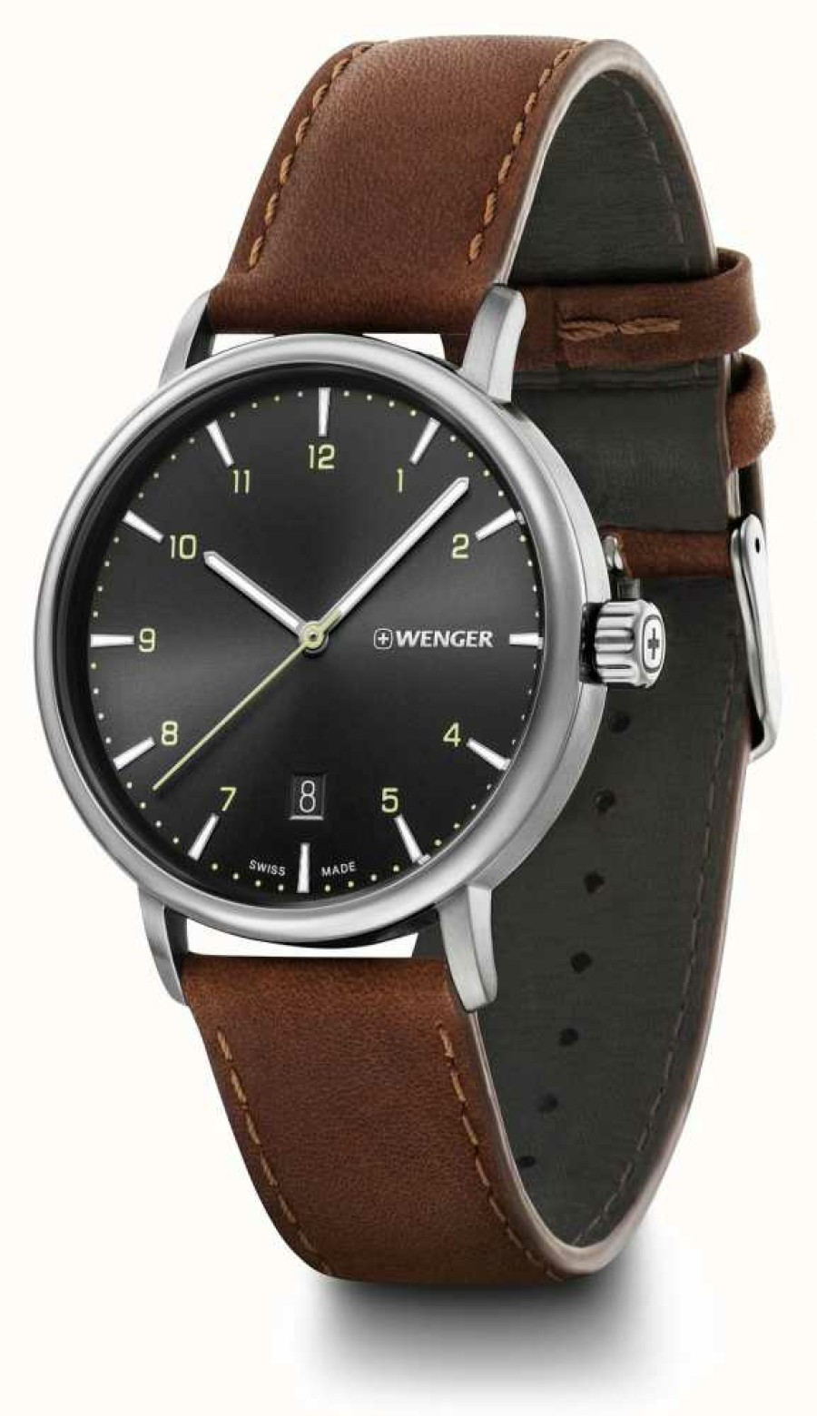 Men'S Wenger | Wenger Urban Classic Black Sunray Dial Brown Leather