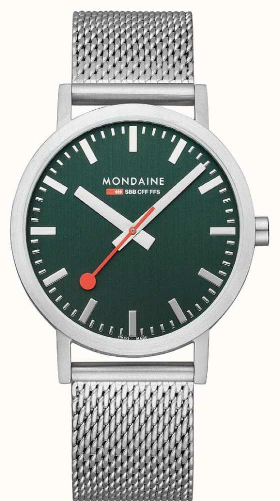 Men'S Mondaine | Mondaine Classic 40 Mm Forest Green Dial Steel Mesh Bracelet