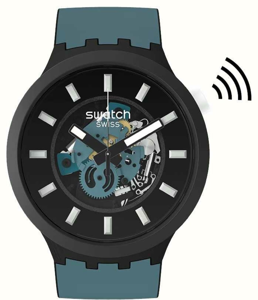 Men'S Swatch | Swatch Night Trip Pay! Blue Silicone Strap