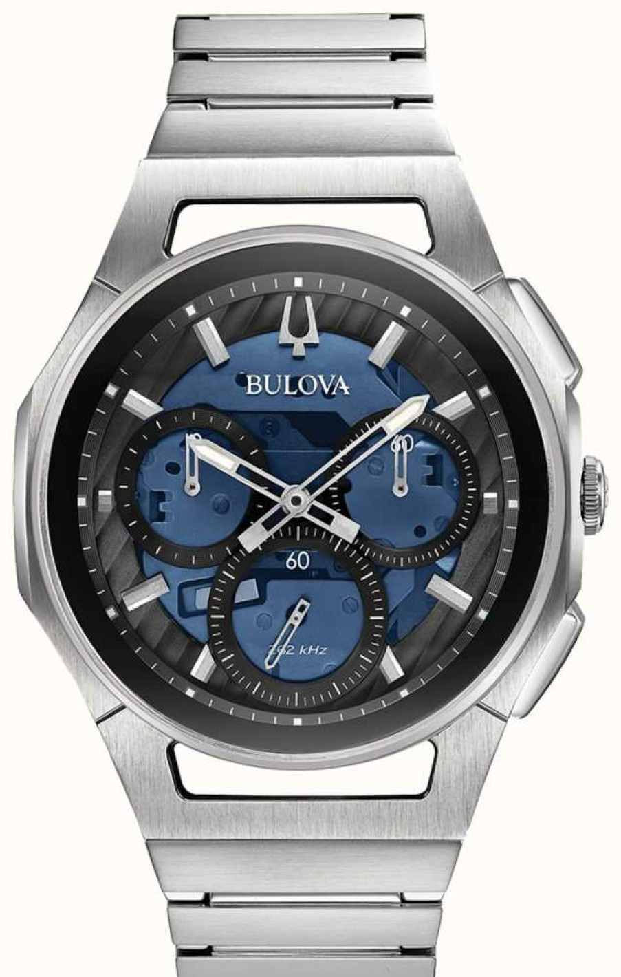 Men'S Bulova | Bulova Curv Blue Chronograph Dial Stainless Steel Bracelet