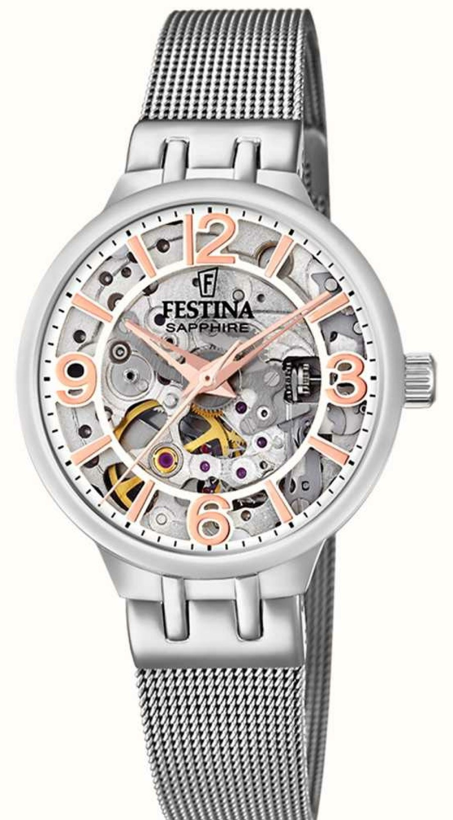 Women'S Festina | Festina Ladies Skeleton Automatic Watch W/ Mesh Bracelet