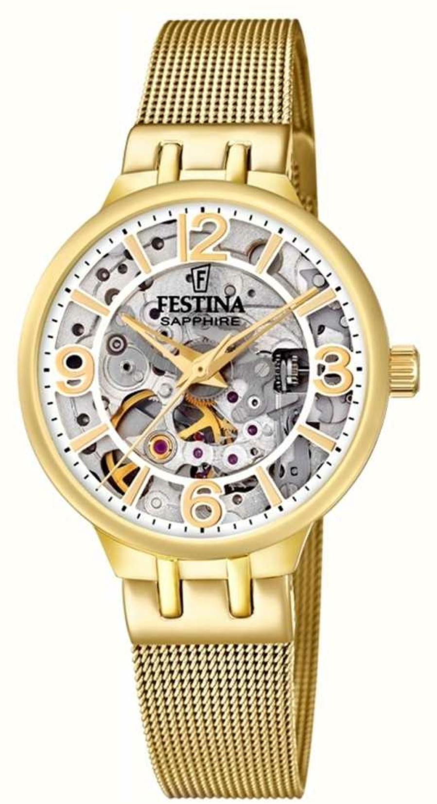 Women'S Festina | Festina Ladies Gold-Toned Skeleton Auto Watch W/Mesh Bracelet