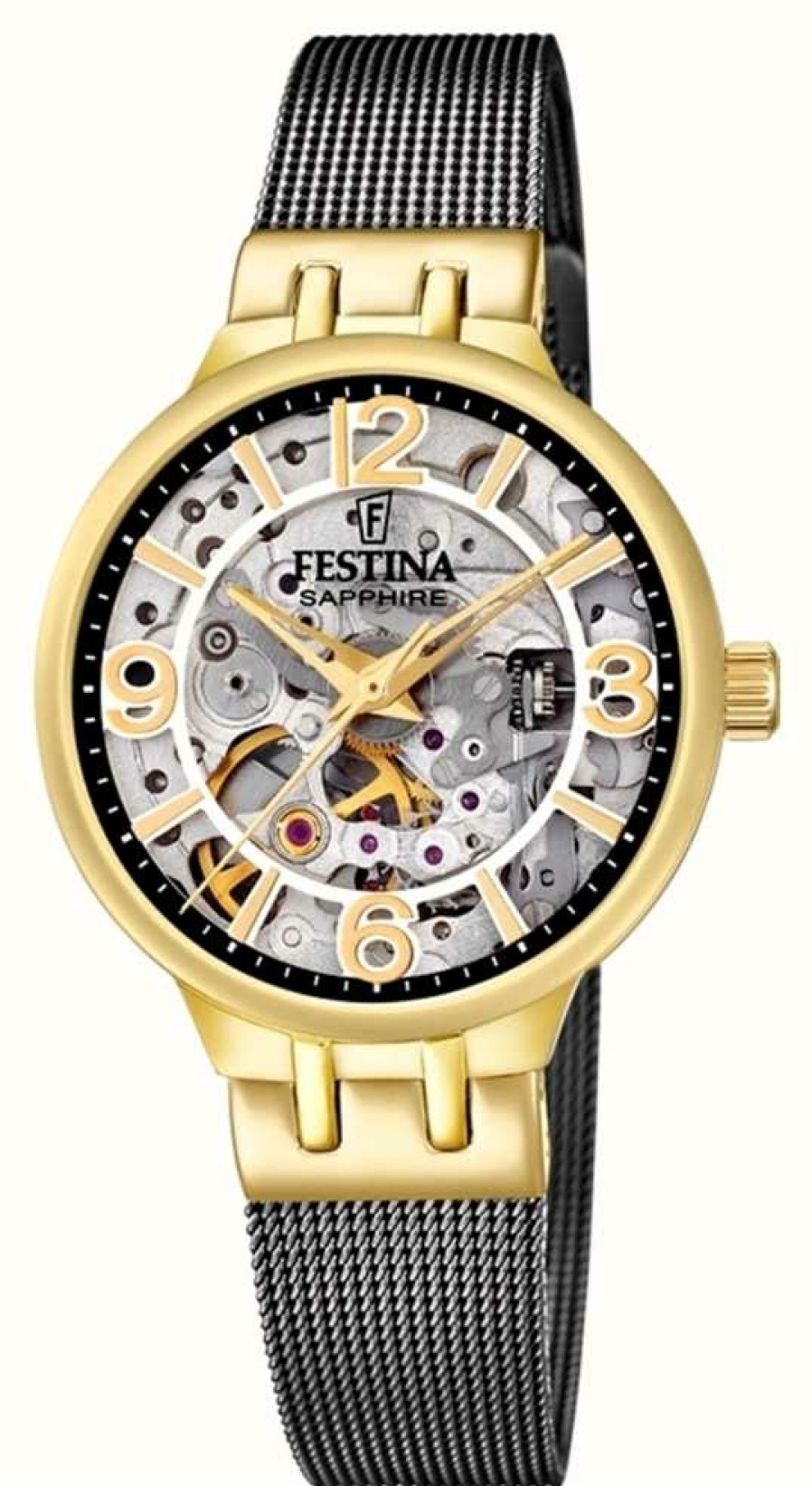 Women'S Festina | Festina Ladies Gold/Black-Toned Skeleton Auto Watch W/Mesh Bracelet