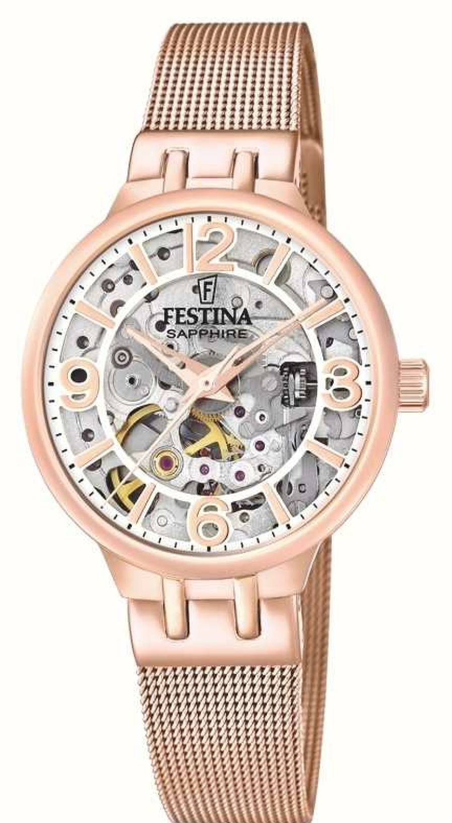 Women'S Festina | Festina Ladies Rose Gold-Toned Skeleton Auto Watch W/Mesh Bracelet