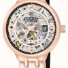 Women'S Festina | Festina Ladies Rose Gold/Black-Plated Skeleton Auto Watch W/Mesh Bracelet