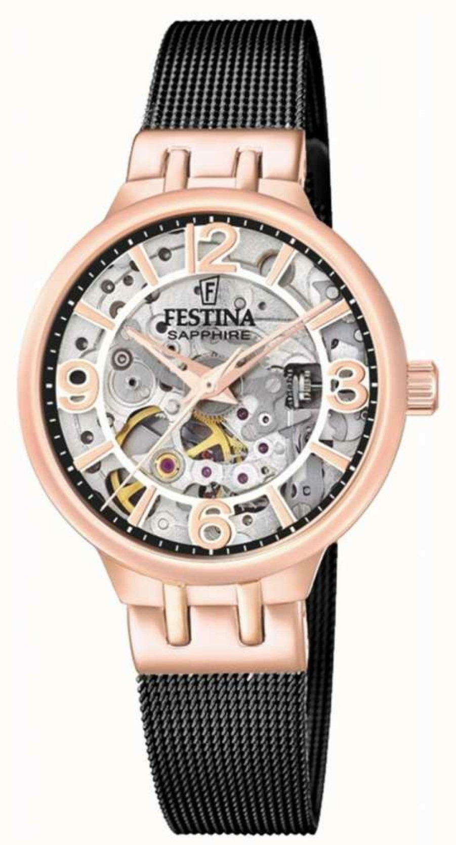 Women'S Festina | Festina Ladies Rose Gold/Black-Plated Skeleton Auto Watch W/Mesh Bracelet