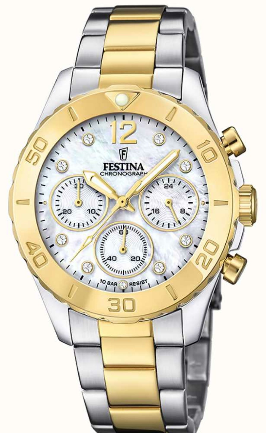 Women'S Festina | Festina Ladies Gold-Plated Chrono Watch W/Bracelet & Cz Sets