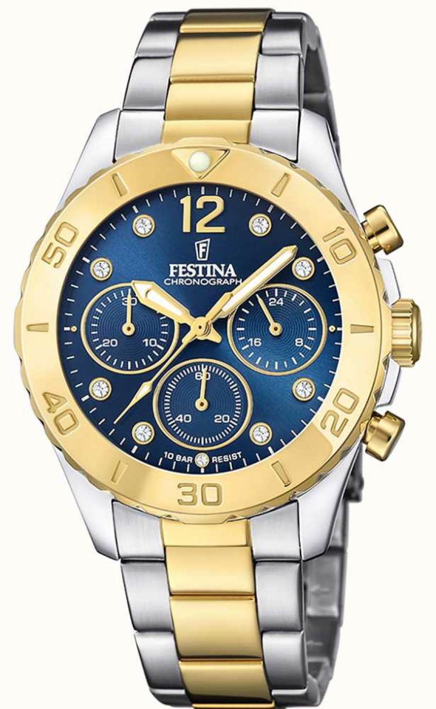 Women'S Festina | Festina Ladies Two Tone Chrono Watch W/Bracelet & Cz Sets