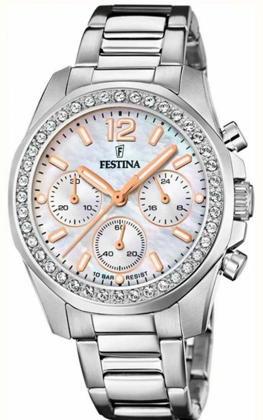 Women'S Festina | Festina Ladies Chrono Watch W/Cz Sets & Steel Bracelet