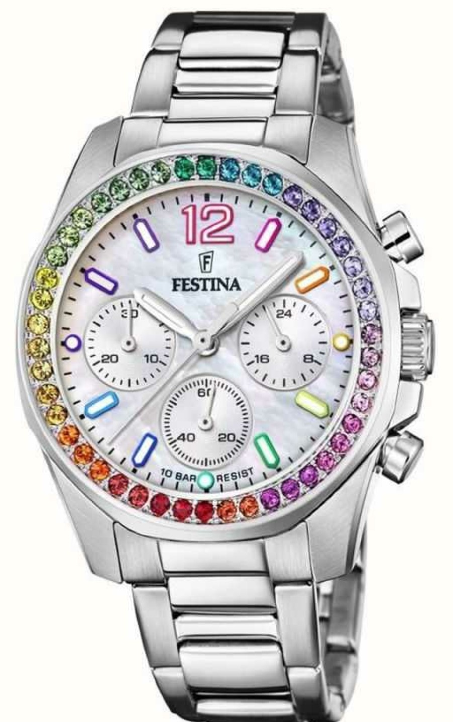 Women'S Festina | Festina Women'S Chronograh | Mother-Of-Pearl Dial | Rainbow Crystal Set