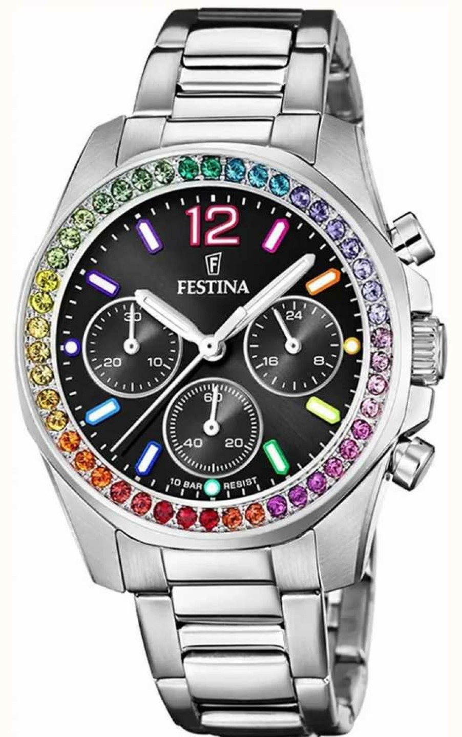 Women'S Festina | Festina Ladies Rainbow Chrono Watch W/Cz Sets & Steel Bracelet