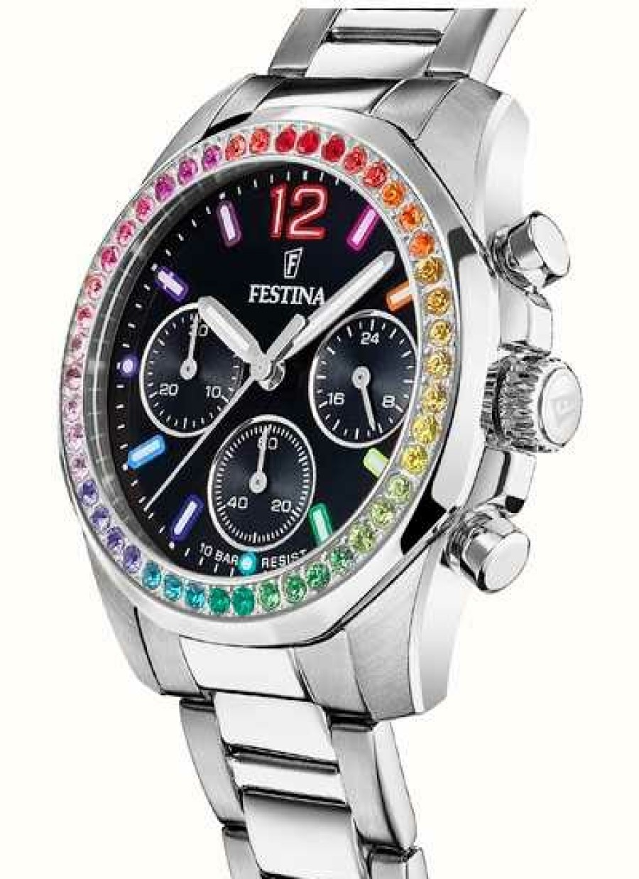 Women'S Festina | Festina Ladies Rainbow Chrono Watch W/Cz Sets & Steel Bracelet