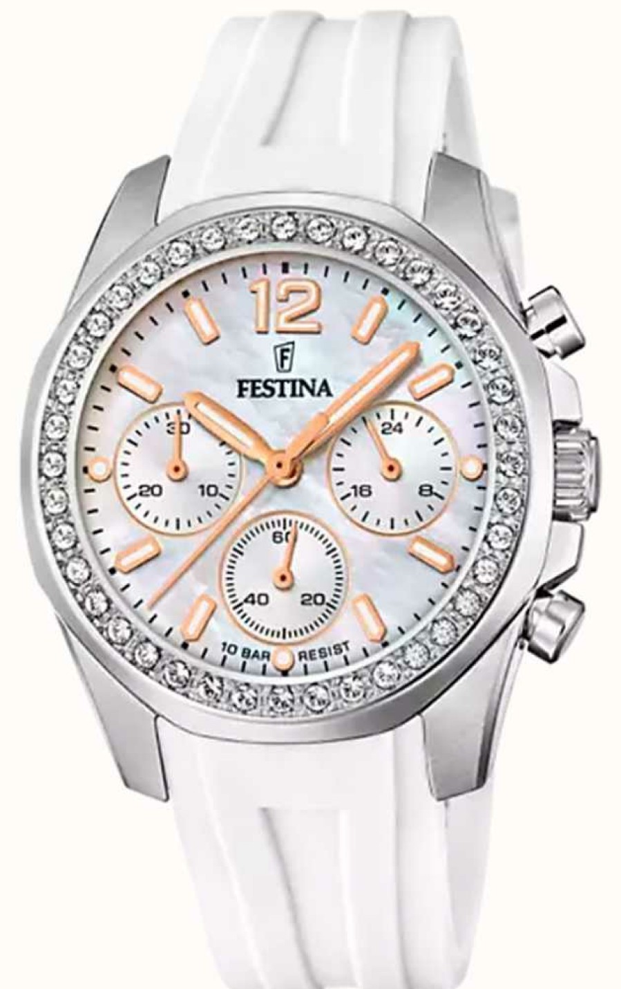 Women'S Festina | Festina Ladies Steel Chrono Watch W/Cz Set & Rubber Strap