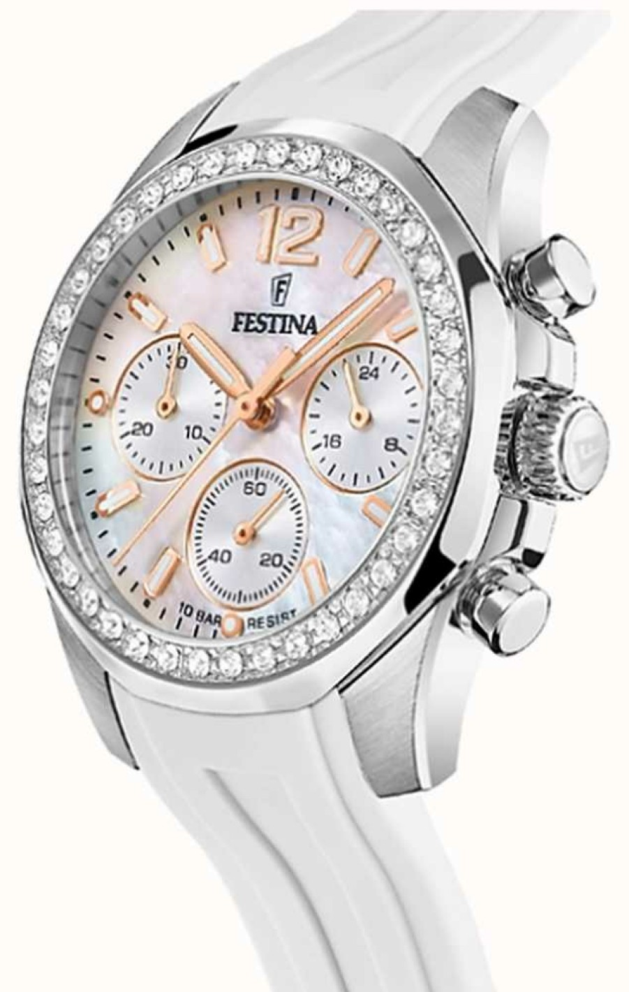 Women'S Festina | Festina Ladies Steel Chrono Watch W/Cz Set & Rubber Strap