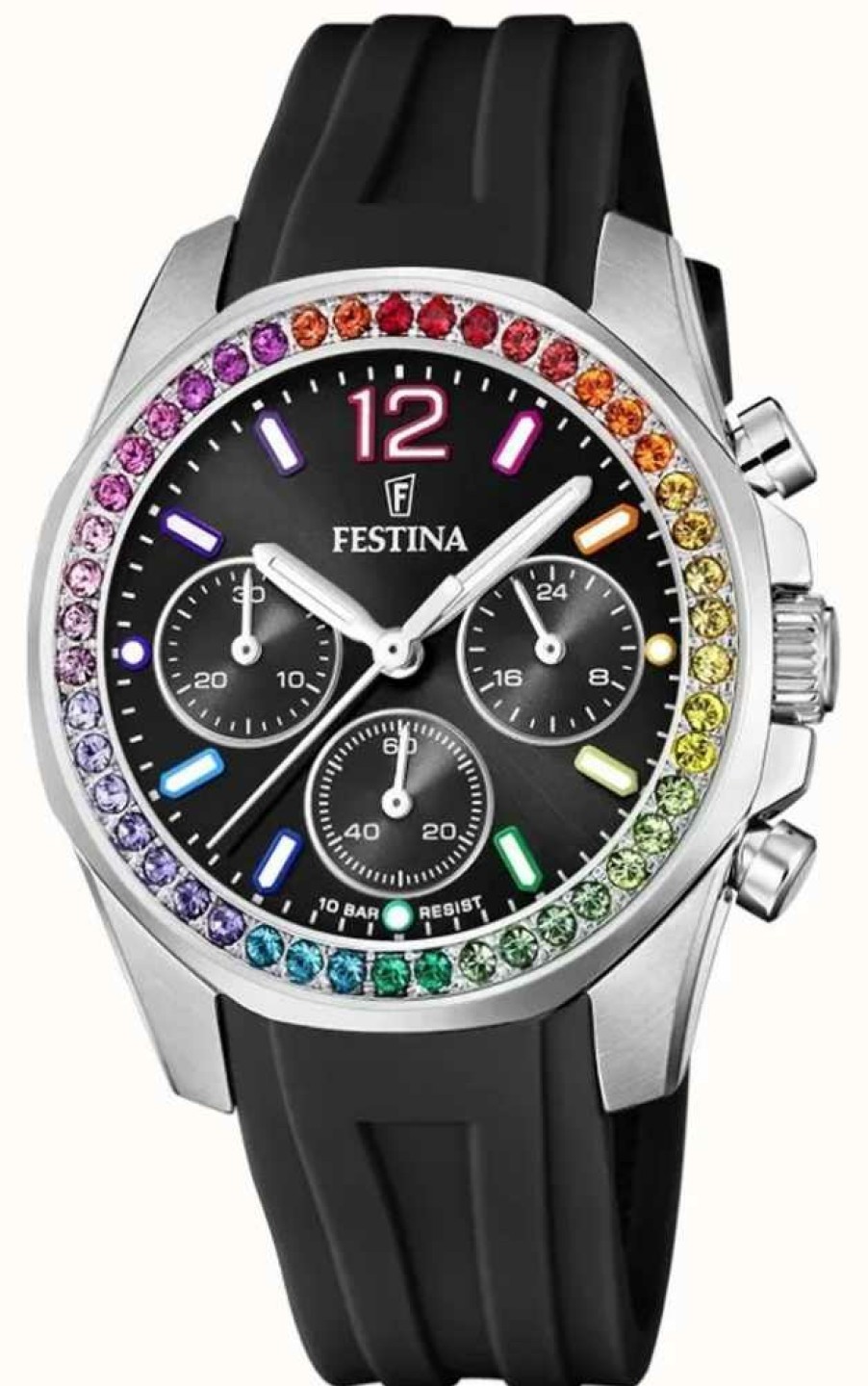 Women'S Festina | Festina Ladies Steel Chrono Watch W/Cz Set & Rubber Strap