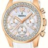 Women'S Festina | Festina Ladies Rose-Plt.Steel Chrono Watch W/Rubber Strap