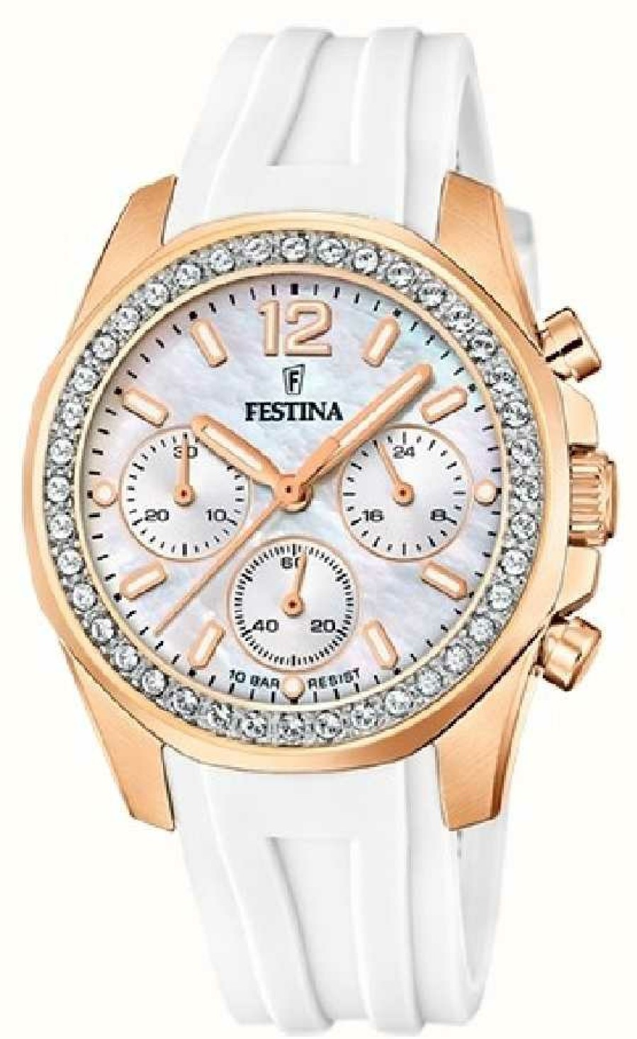 Women'S Festina | Festina Ladies Rose-Plt.Steel Chrono Watch W/Rubber Strap