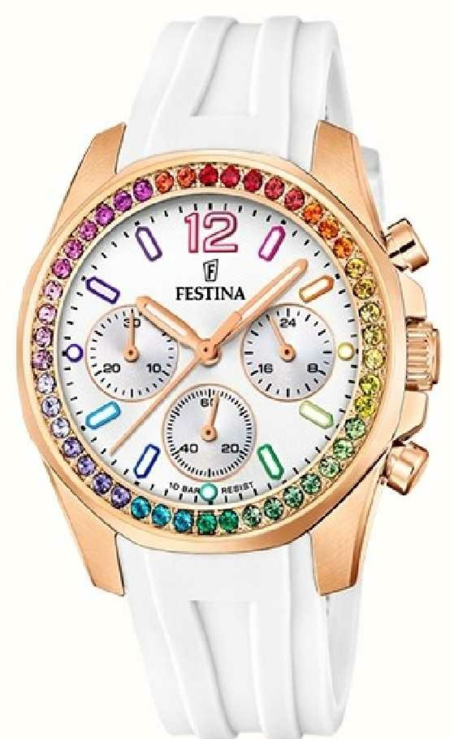 Women'S Festina | Festina Ladies Rose-Plt.Steel Chrono Watch W/Rubber Strap