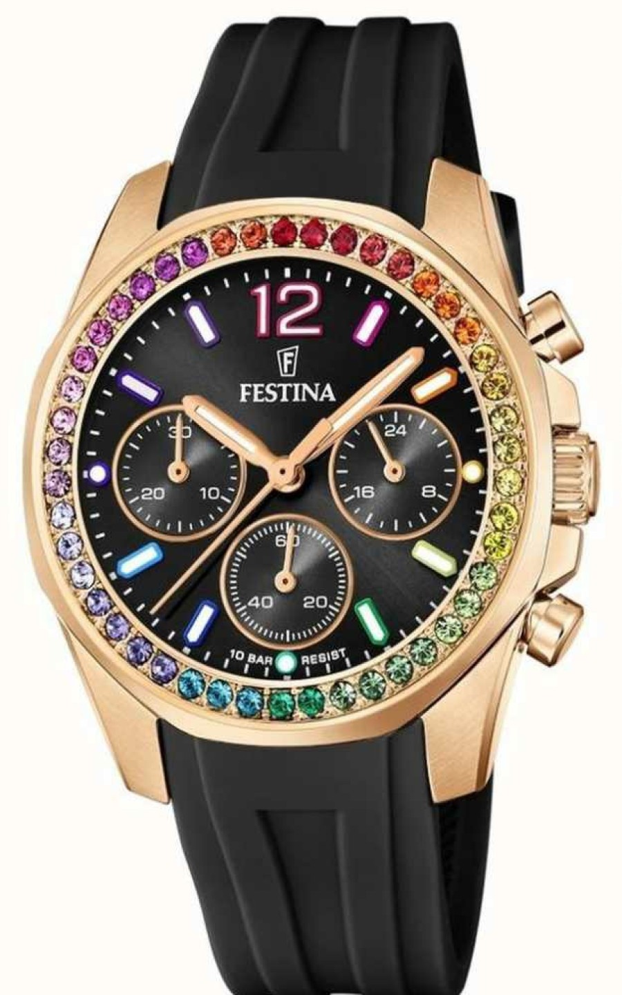 Women'S Festina | Festina Ladies Rose-Plt.Steel Chrono Watch W/Rubber Strap