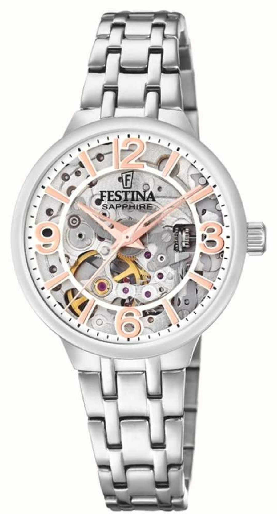 Women'S Festina | Festina Ladies Skeleton Automatic Watch W/ Steel Bracelet