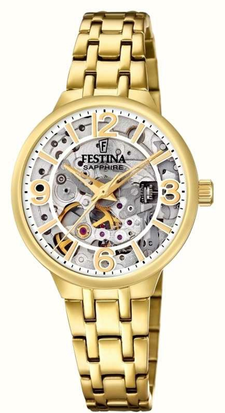 Women'S Festina | Festina Ladies Gold-Pltd.Skeleton Automatic Watch W/Bracelet