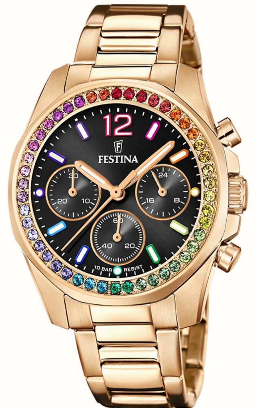 Women'S Festina | Festina Ladies Rose-Plated Chronograph Rainbow Crystal Bezel