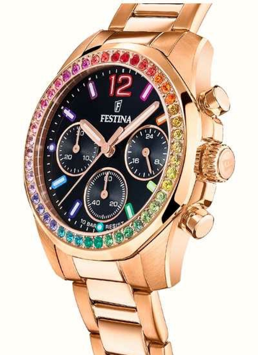 Women'S Festina | Festina Ladies Rose-Plated Chronograph Rainbow Crystal Bezel