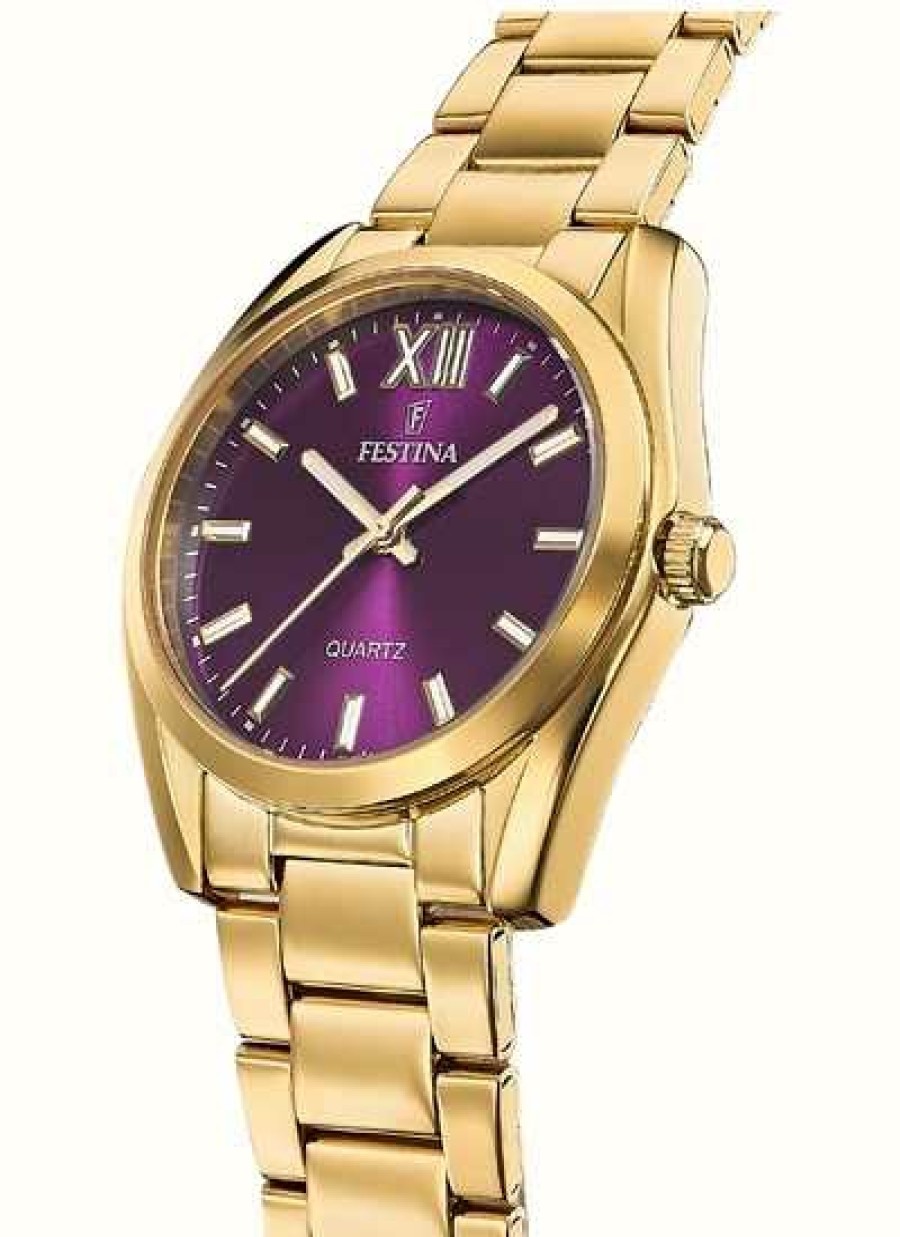 Women'S Festina | Festina Ladies Gold-Toned Purple Sunray Dial Watch