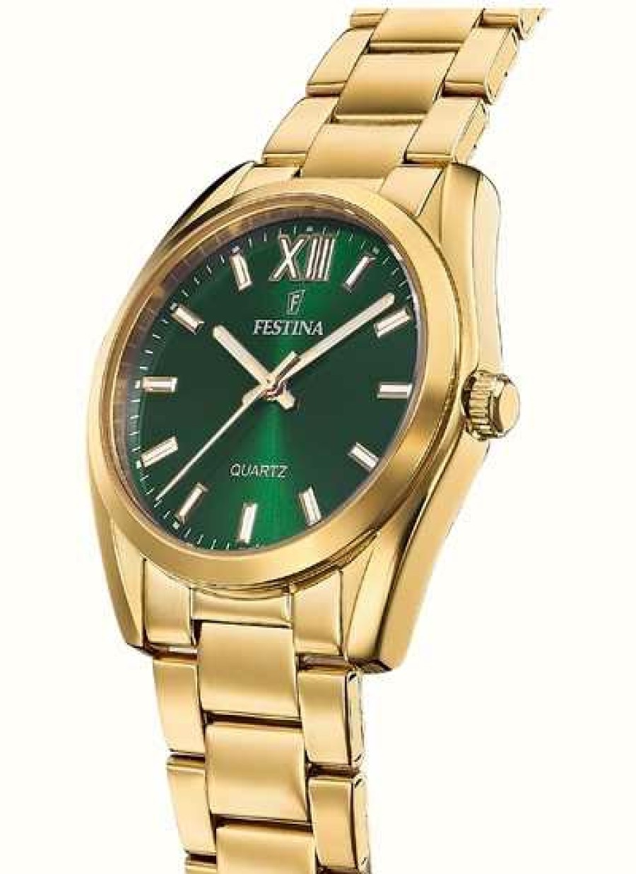 Women'S Festina | Festina Ladies Gold-Toned Green Sunray Dial Watch