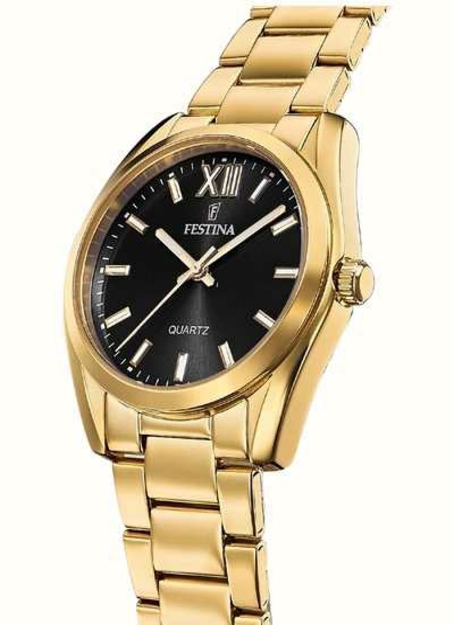 Women'S Festina | Festina Ladies Gold-Toned Black Sunray Dial Watch