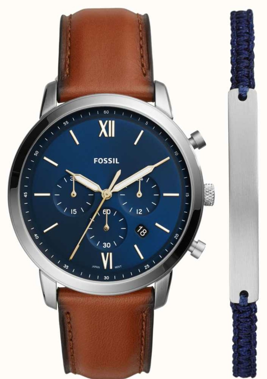 Men'S Fossil | Fossil Men'S Neutra Chrono | Bracelet Giftset | Blue Dial | Brown Leather Strap