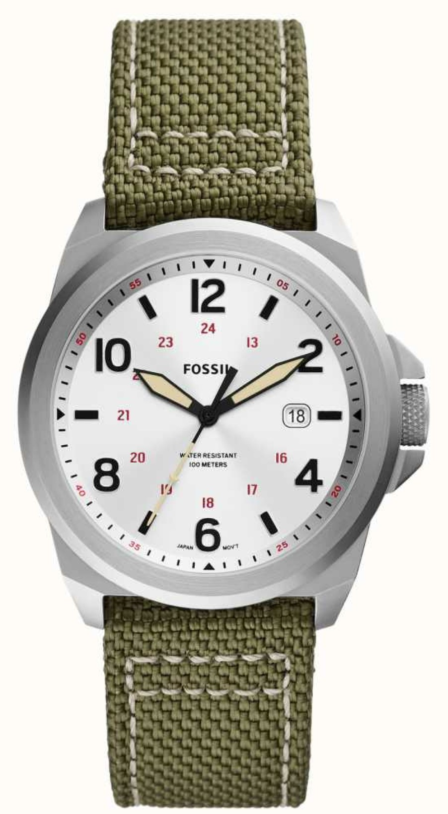 Men'S Fossil | Fossil Men'S Bronson Field | Silver Dial | Green Nylon Strap