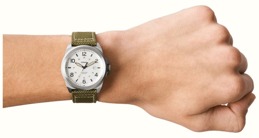 Men'S Fossil | Fossil Men'S Bronson Field | Silver Dial | Green Nylon Strap