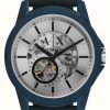 Men'S Armani Exchange | Armani Exchange Automatic | Silver Skeleton Dial | Blue Silicone Strap