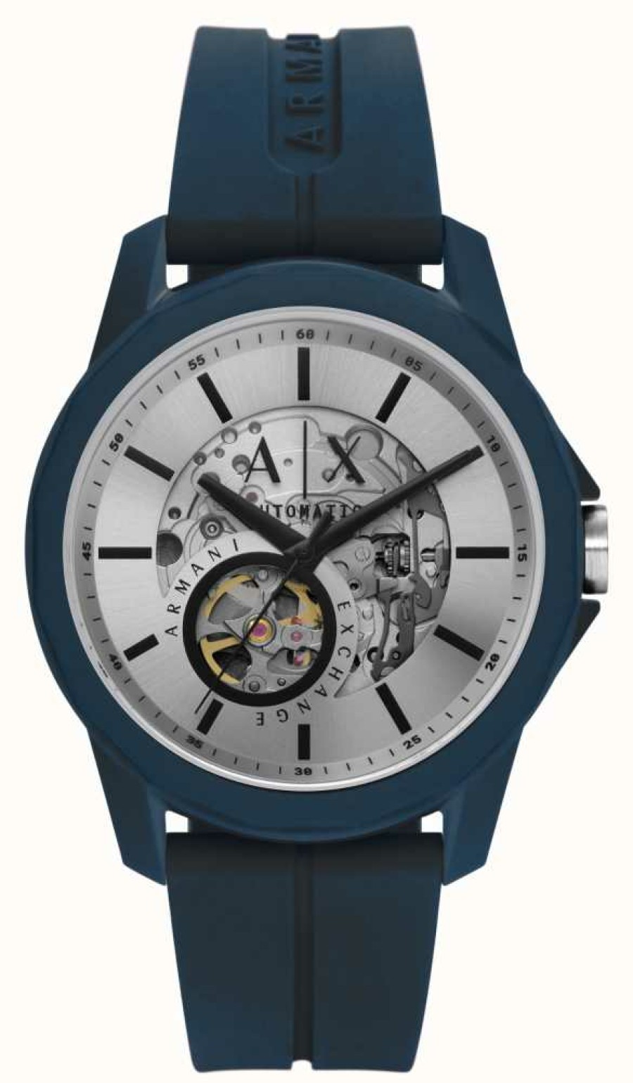 Men'S Armani Exchange | Armani Exchange Automatic | Silver Skeleton Dial | Blue Silicone Strap