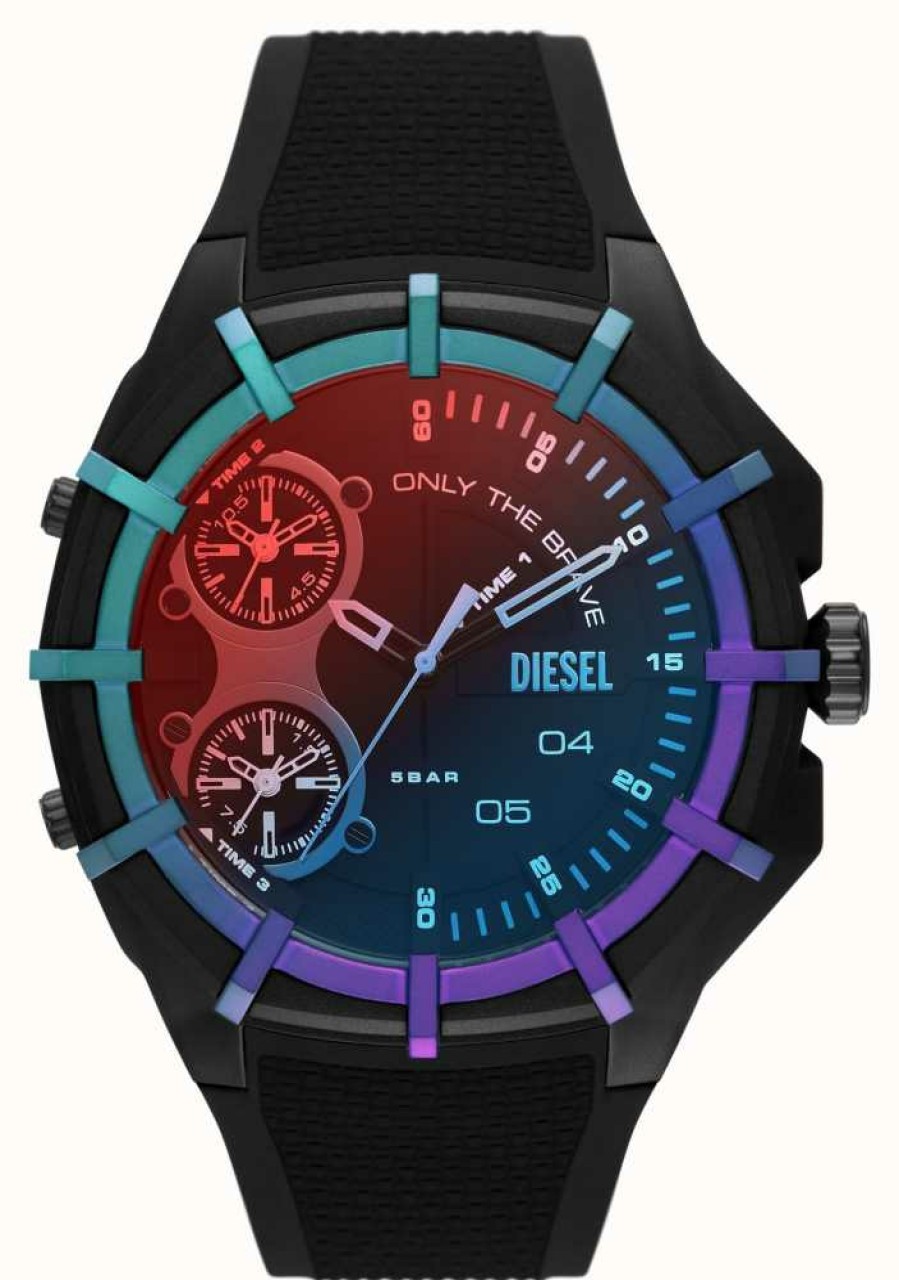 Men'S Diesel | Diesel Men'S Framed Duel-Tone Bezel Silicone Strap Watch