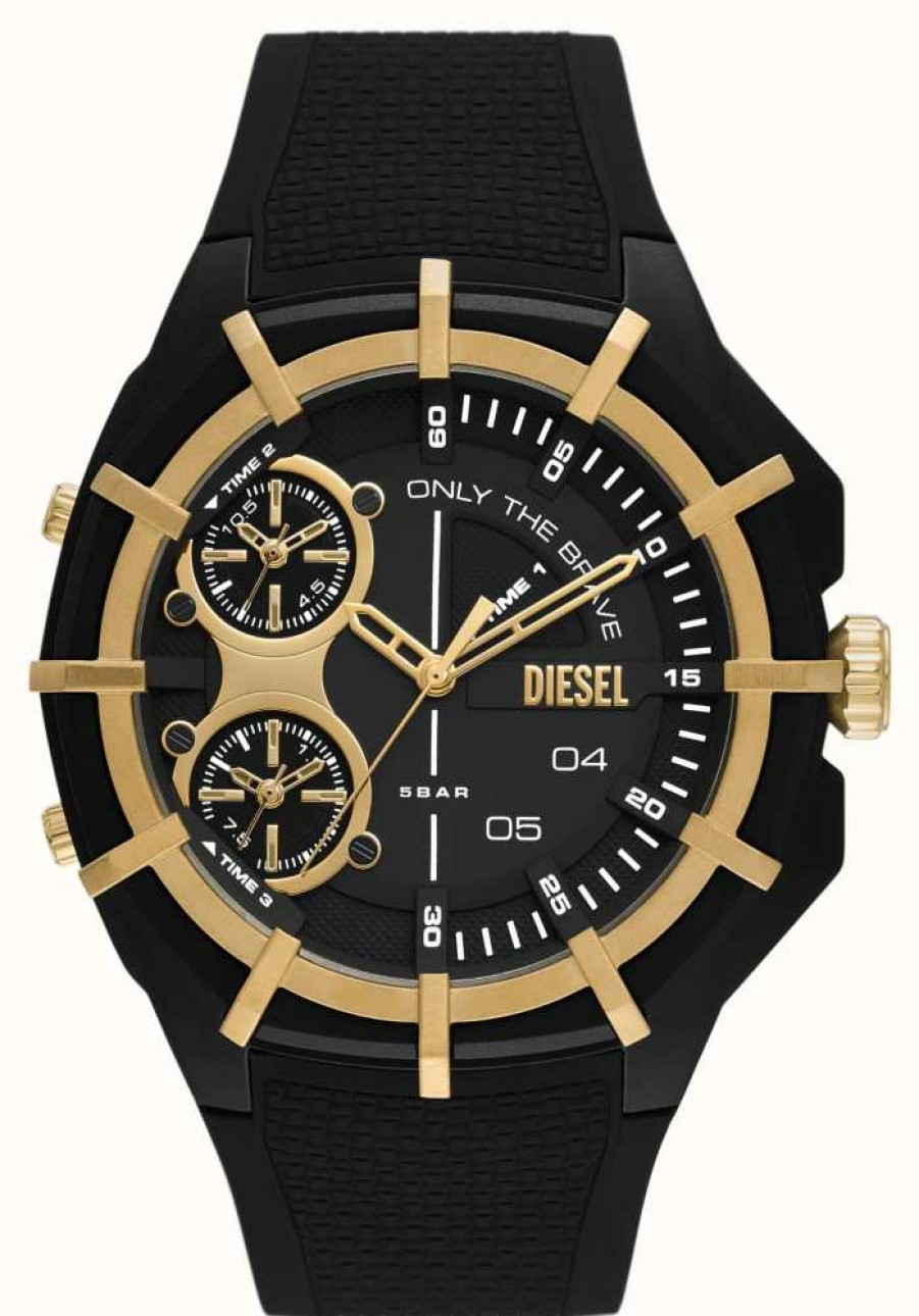 Men'S Diesel | Diesel Men'S Framed Gold-Toned Bezel Black Silicone Strap