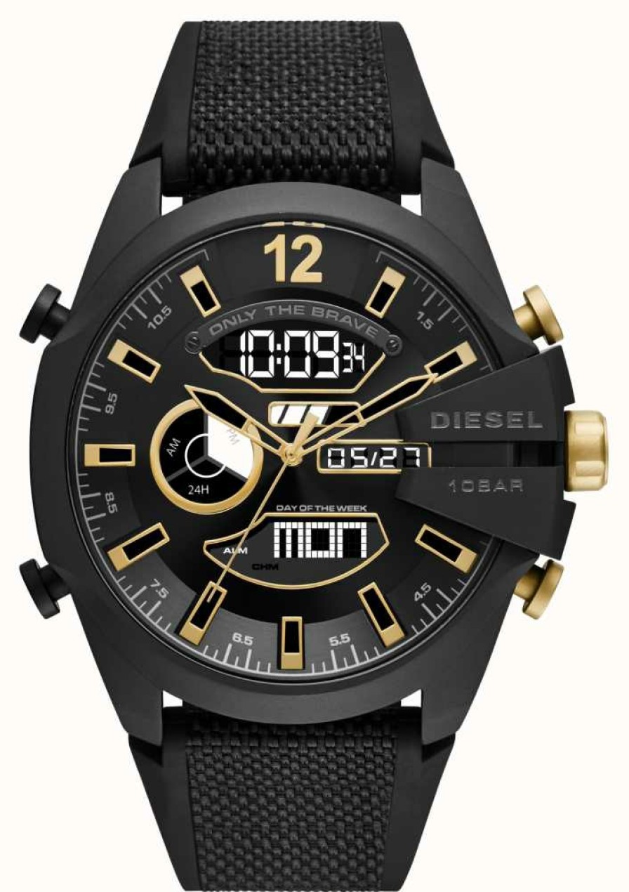 Men'S Diesel | Diesel Mega Chief Dual Display Gold And Black Toned Watch