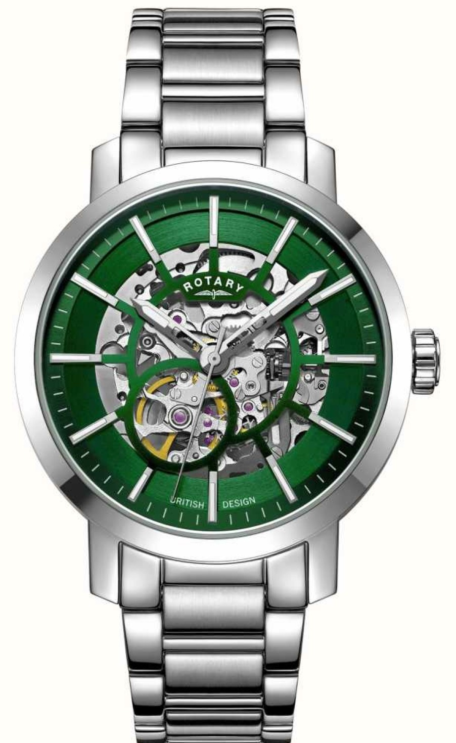 Men'S Rotary | Rotary Men'S Greenwich | Automatic Skeleton | Green Dial | Stainless Steel