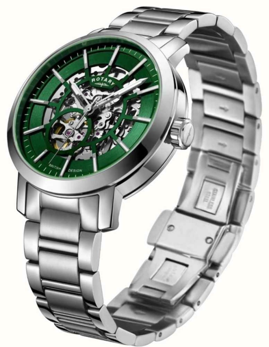 Men'S Rotary | Rotary Men'S Greenwich | Automatic Skeleton | Green Dial | Stainless Steel