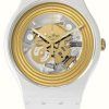 Men'S Swatch | Swatch Golden Rings White Skeleton Dial Watch