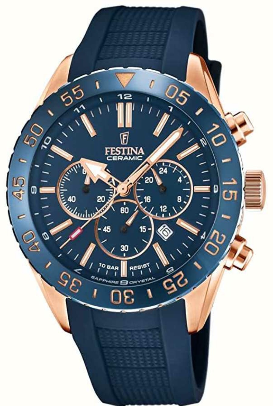 Men'S Festina | Festina Men'S | Blue Ceramic Bezel | Blue Rubber Strap