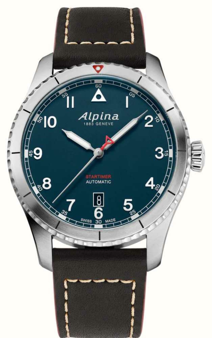 Men'S Alpina | Alpina Startimer Pilot Automatic (41Mm) Petroleum Blue Dial / Brown Calf Leather