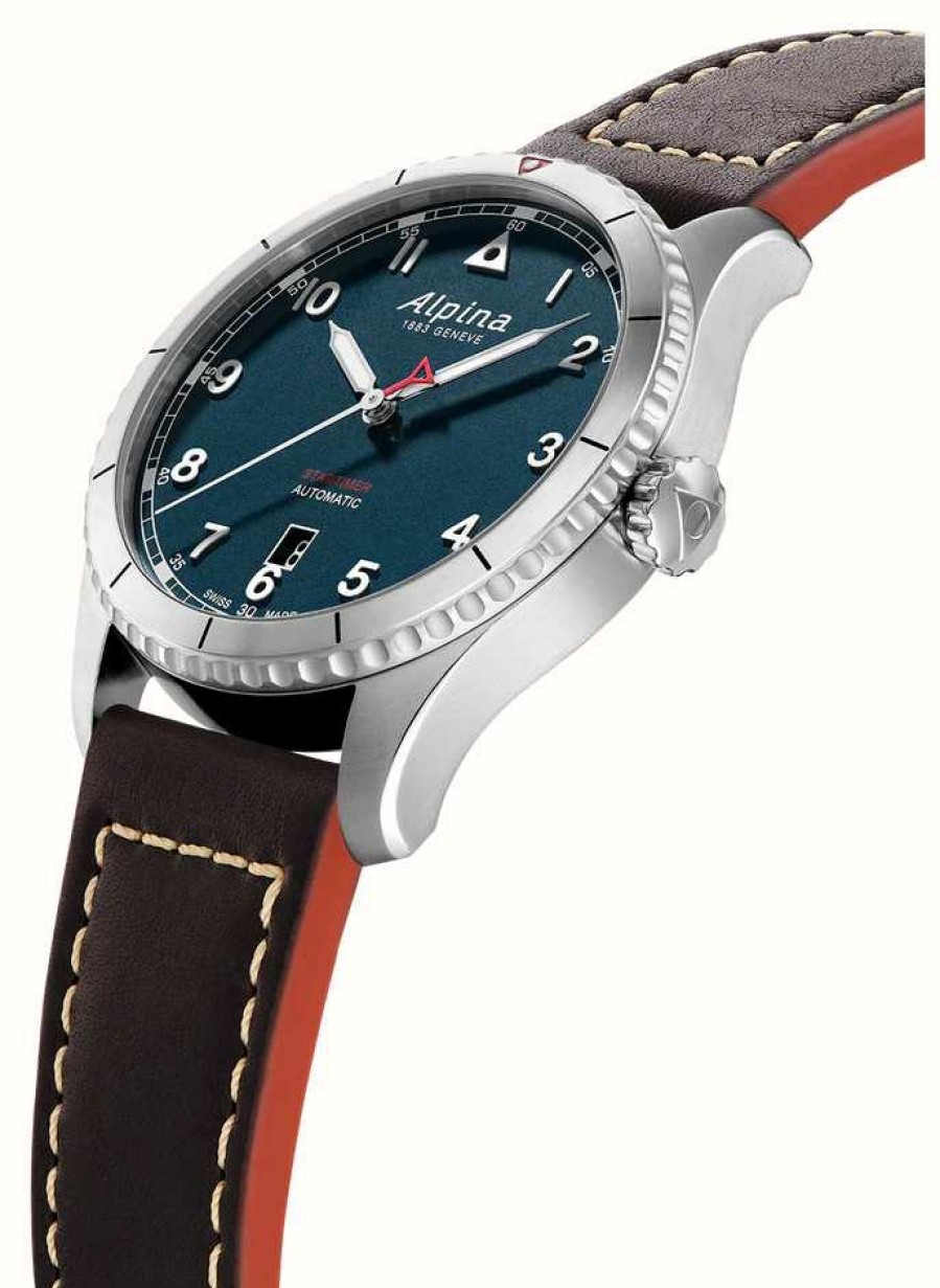 Men'S Alpina | Alpina Startimer Pilot Automatic (41Mm) Petroleum Blue Dial / Brown Calf Leather