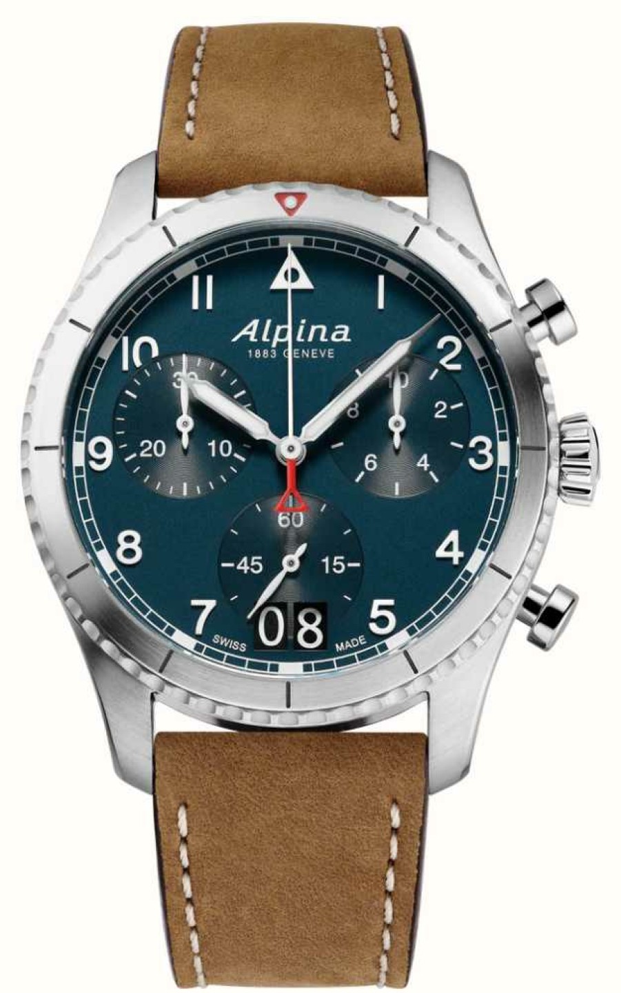 Men'S Alpina | Alpina Startimer Pilot Chronograph Big Date (41Mm) Blue Dial / Brown Leather