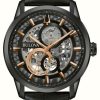 Men'S Bulova | Bulova Mens Automatic Sutton Black Leather Strap