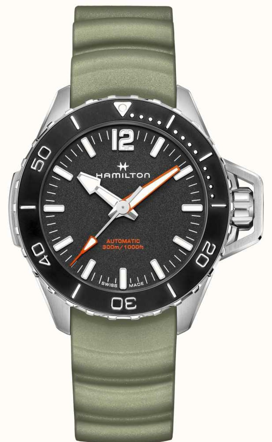 Men'S Hamilton | Hamilton Khaki Navy Frogman Automatic (46Mm) Black Dial / Green Rubber Strap